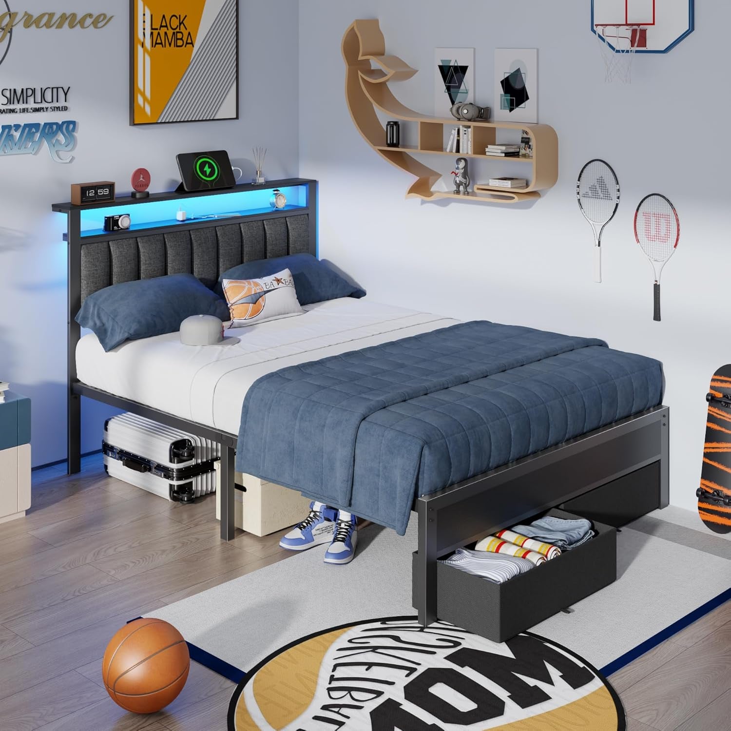Full Size Bed Frame with Charging Station and LED Lights, Grey Upholstered Headboard with Shelves, Metal Platform Bed with 2 Under-Bed Storage (Fabric Drawer on Wheels), No Box Spring Needed