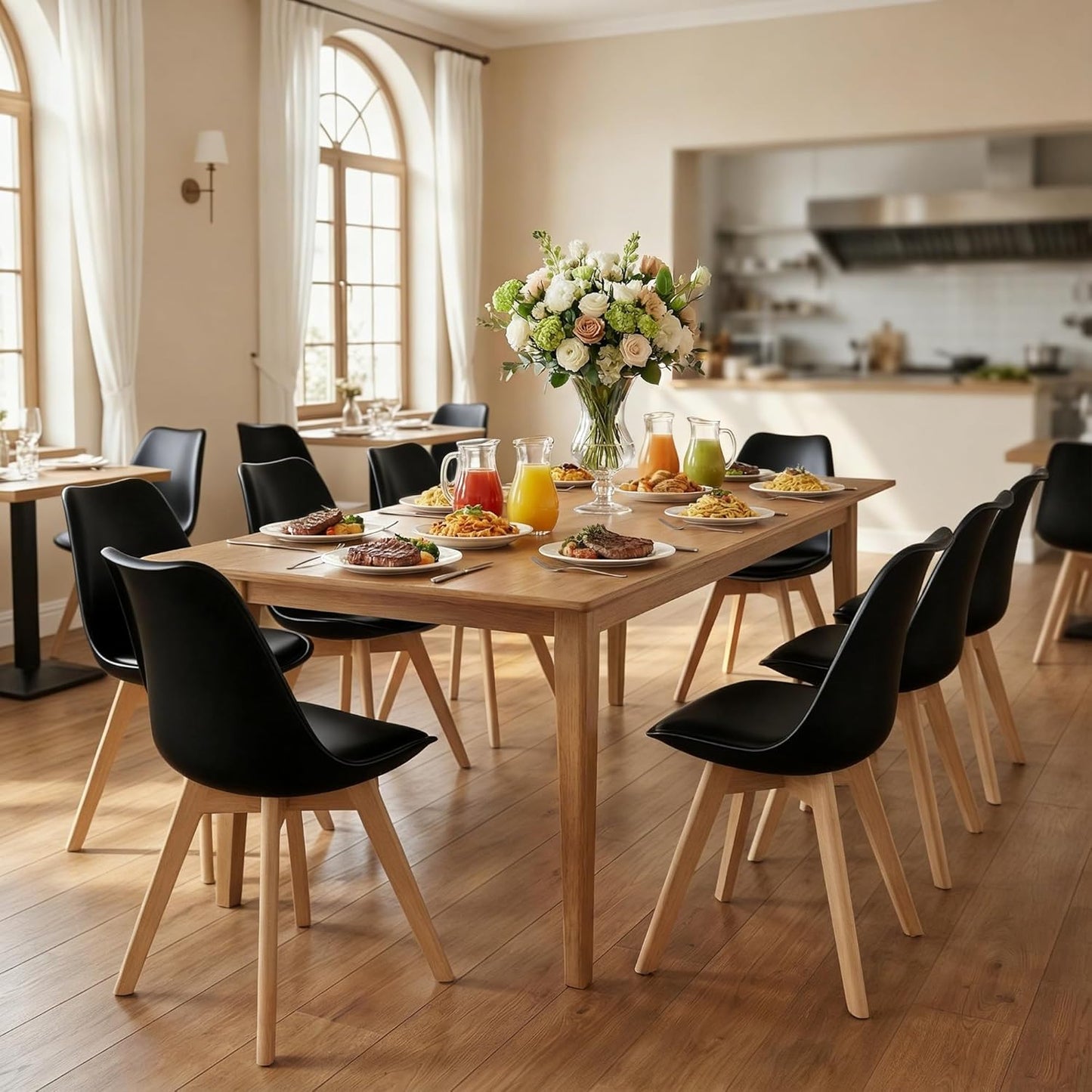 Dining Chairs Set of 4, Modern Upholstered Dining Room Chairs with PU Leather Padded Seat, Armless Kitchen Chairs with Curved Backrest and Solid Wood Legs for Dining Room, Kitchen, Apartment, Black