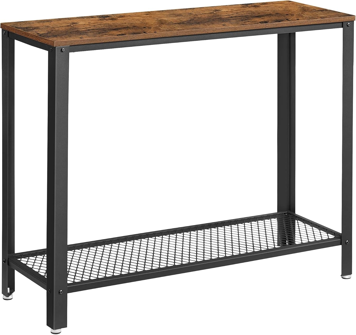 Console Table, 2-Tier Entryway Table with Mesh Shelf, Narrow Sofa Table, Steel Frame, Adjustable Feet, for Hallway, Living Room, Industrial Style, Rustic Brown and Black ULNT80X