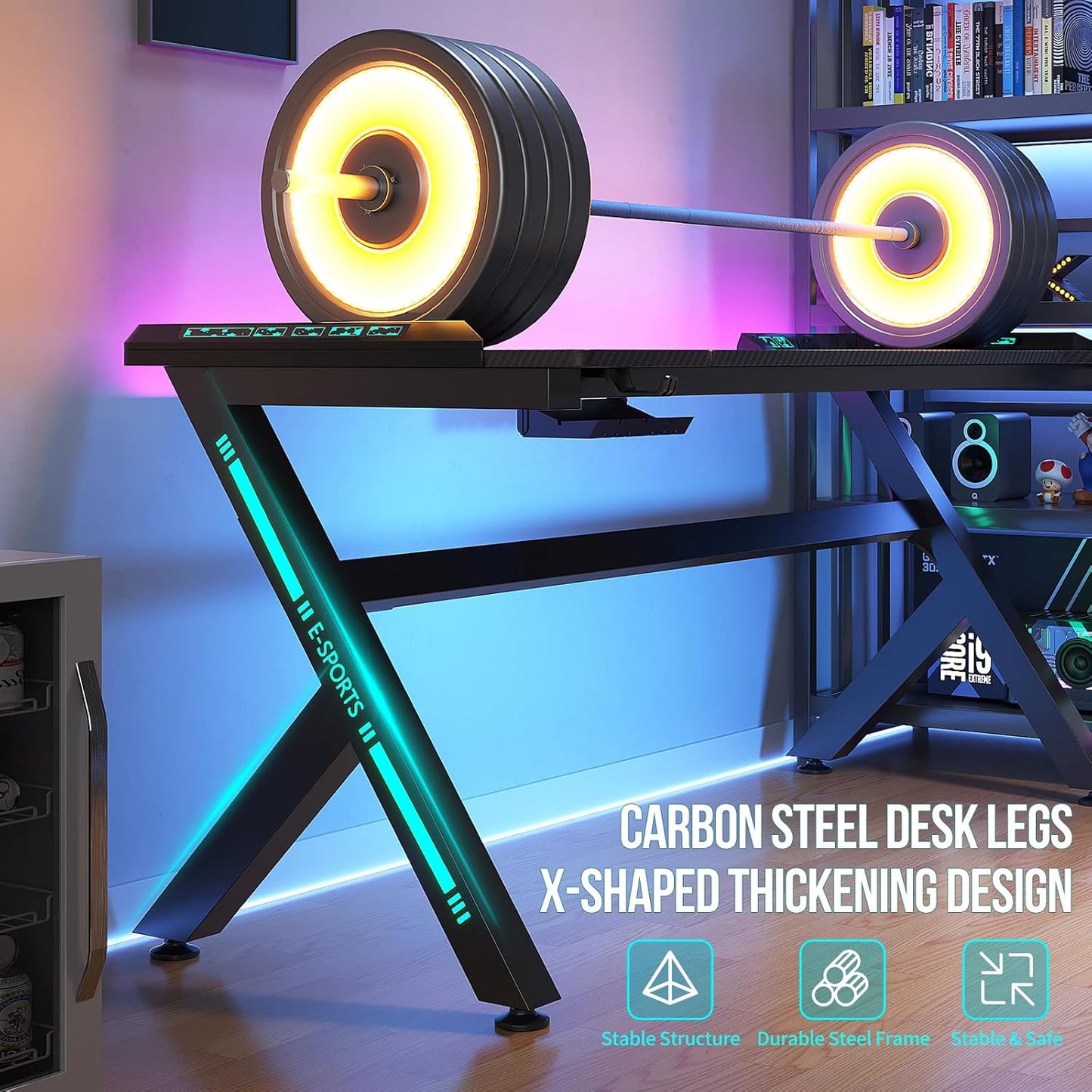 Gaming Desk, 47'' Computer Desk, Gaming Desk W/Carbon Fiber Desktop & 3D-Printed Relief Patterns, Home Office Desks W/Ergonomic Design, Computer Desks W/Cup & Headphone Holder, Cable Organizer