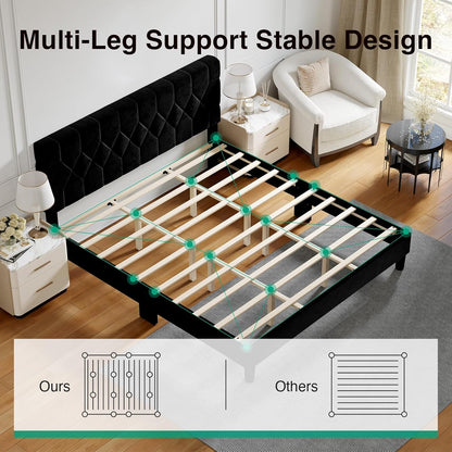 King Size Bed Frame, King Bed Frame and Headboard, Velvet Upholstered Pull-Point Bed Frames, No Box Spring Needed, Heavy Duty Feet, Easy Assembly, Black Velvet