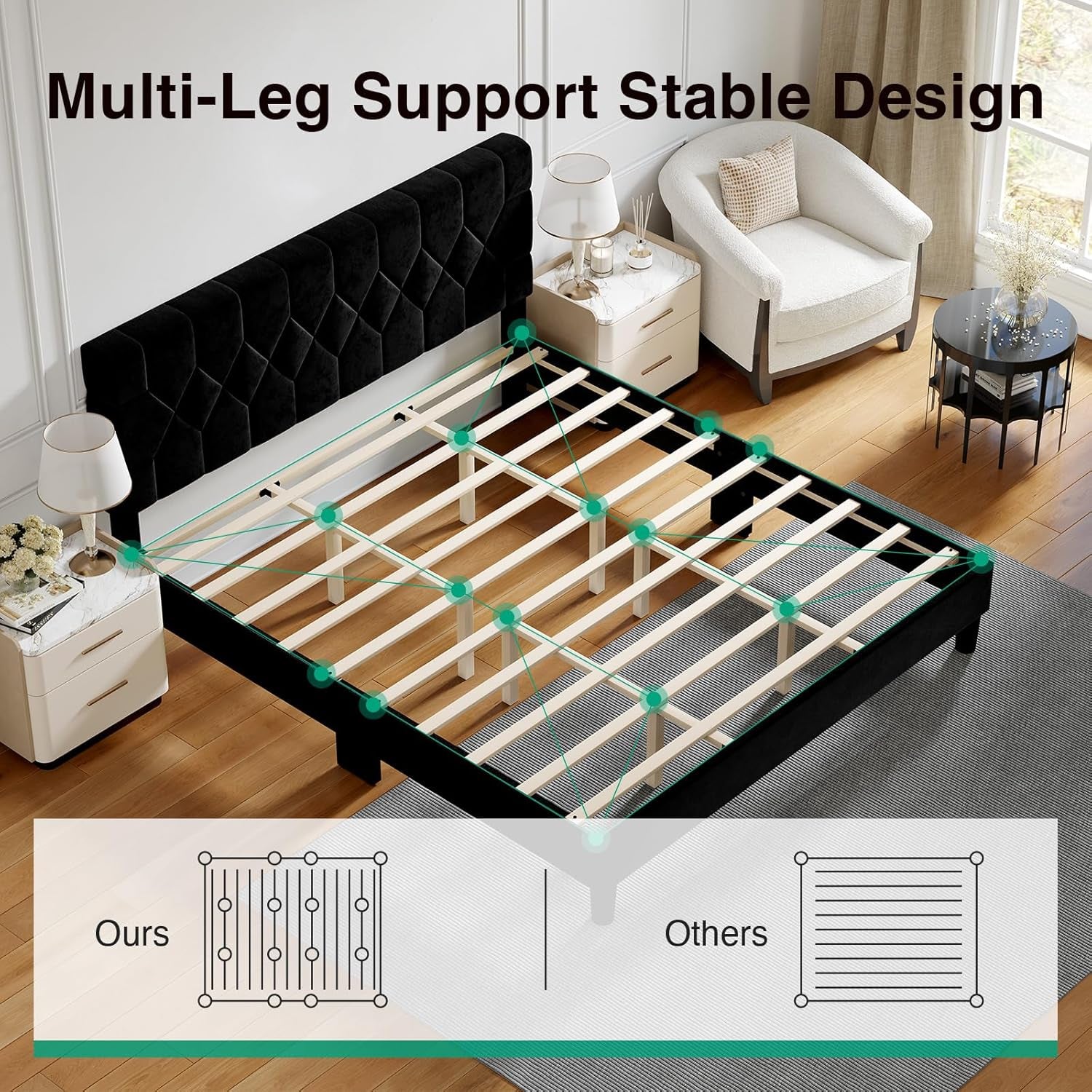 Queen Bed Frame with Headboard, Bed Frame Queen Size with Wood Slats Support, Linen Upholstered Pull-Point Headboard, No Box Spring Needed, Heavy Duty Feet, Easy Assembly, Beige