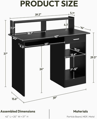 Home Office Wood Computer Desk with Drawers and Pull-Out Keyboard Tray, Study Writing Desk PC Laptop Table with Hutch and Storage Shelves, Modern Workstation, Black