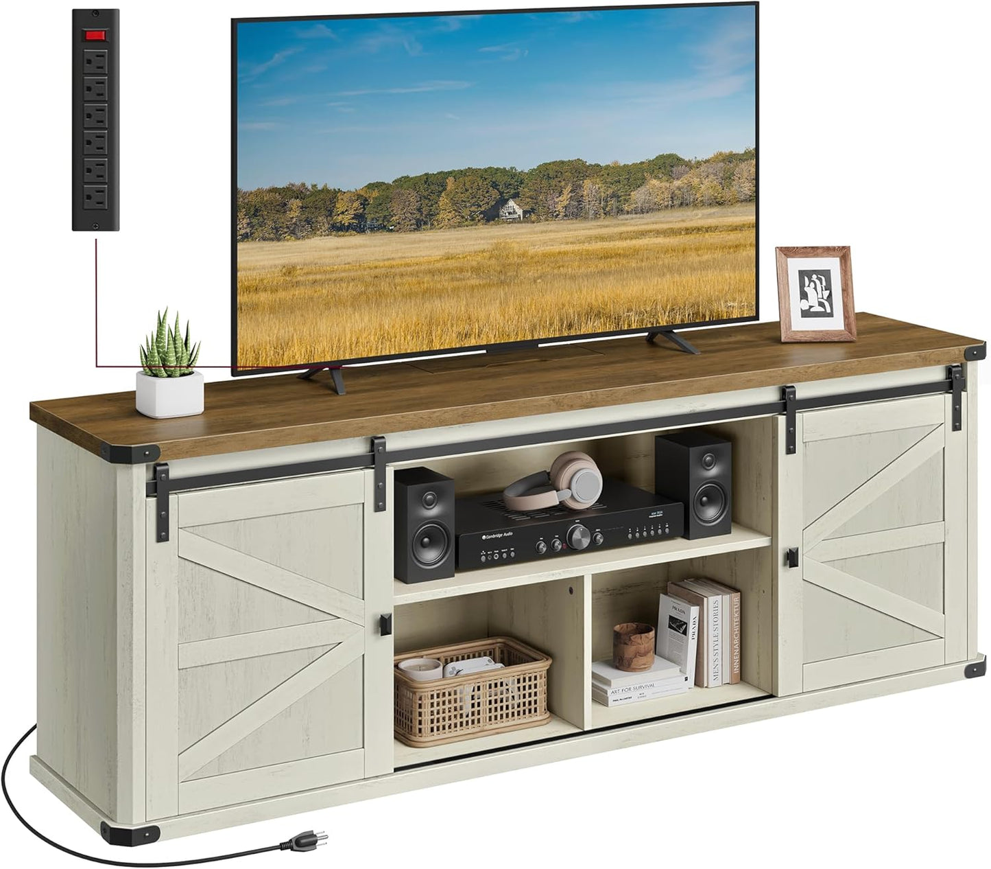 TV Stand for Tvs up to 75 Inches, Farmhouse Entertainment Center with Sliding Barn Doors, TV Console Table for Living Room, Rustic White and Honey Brown ULTV325W73