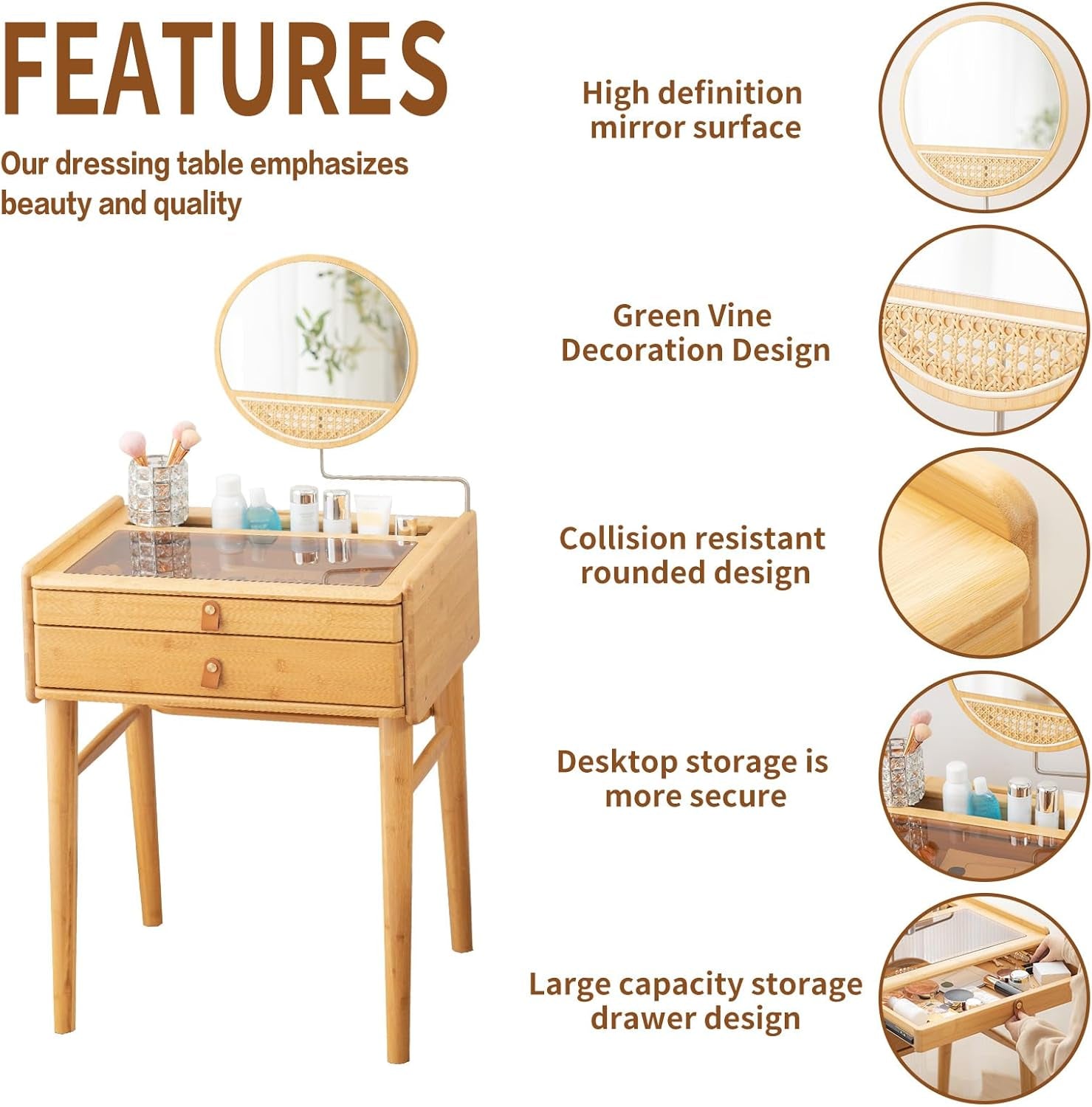 Vanity Desk, Makeup Vanity Table with Mirror, Dressing Table with 2 Drawers,Modern Wood Bedroom Vanity Vintage Dressing Table for Women Girls