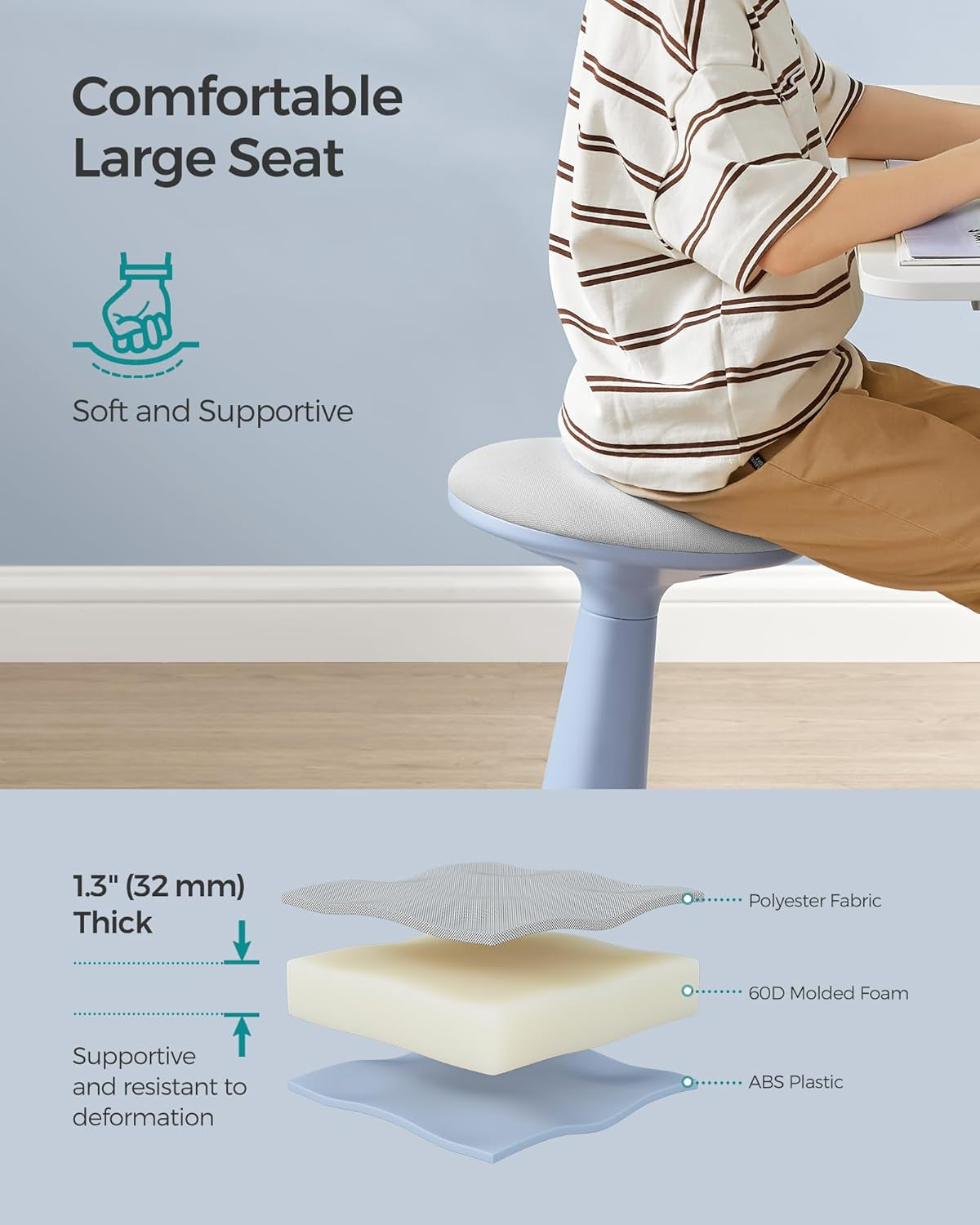 Kids Wobble Chair 6-12Y, Active Sitting Stool with Focus Support, 18.1" Height 154 Lb Capacity, Anti-Slip Base Tool-Free Assembly, Pale Blue and Dove Gray UOSC010Q01