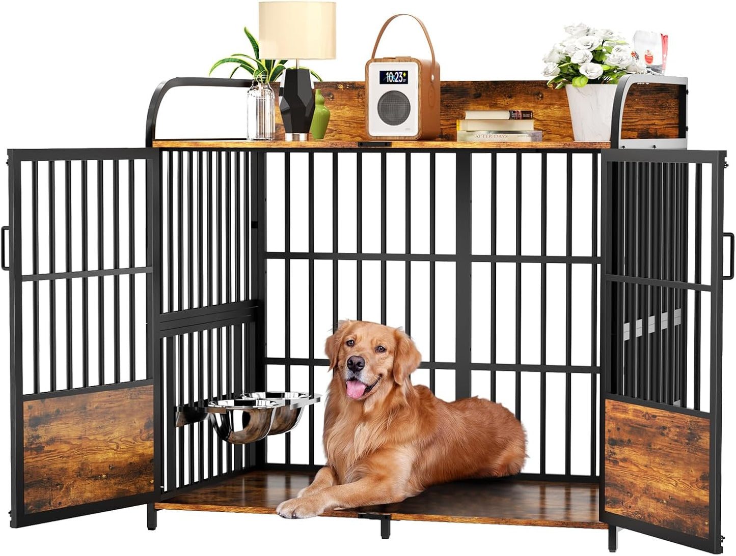 XL Dog Crate Furniture, Large Dog Kennel Indoor with 2 Adjustable Bowls, Heavy Duty Dog Crate for Large Dogs 48 Inch, Wooden Dog Cage Brown, 48" L X 30" W X 45" H