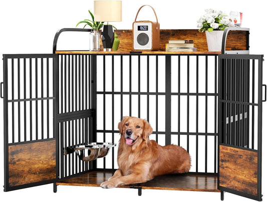 XL Dog Crate Furniture, Large Dog Kennel Indoor with 2 Adjustable Bowls, Heavy Duty Dog Crate for Large Dogs 48 Inch, Wooden Dog Cage Brown, 48" L X 30" W X 45" H