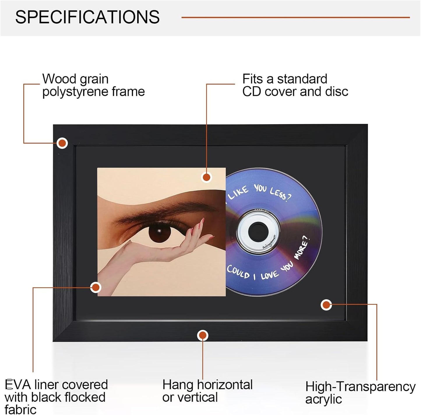 CD Display Frame 11.4"X7.9" with EVA Flocked Liner, Black Wood Grain Look, Acrylic Front, for Cover and Disc, Wall or Tabletop Display, Horizontal & Vertical