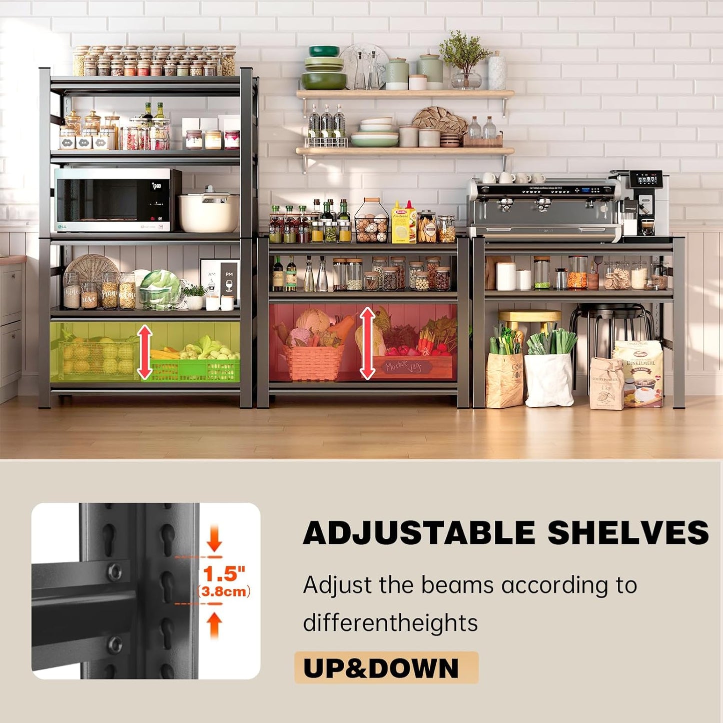 77.4" H Kitchen Shelving, Kitchen Storage Organization Metal Shelves Loads 2000LBS, Pantry Shelving Unit, 5-Tier Racks for Storage, Coffee Machine Storage Shelf Stand, Black