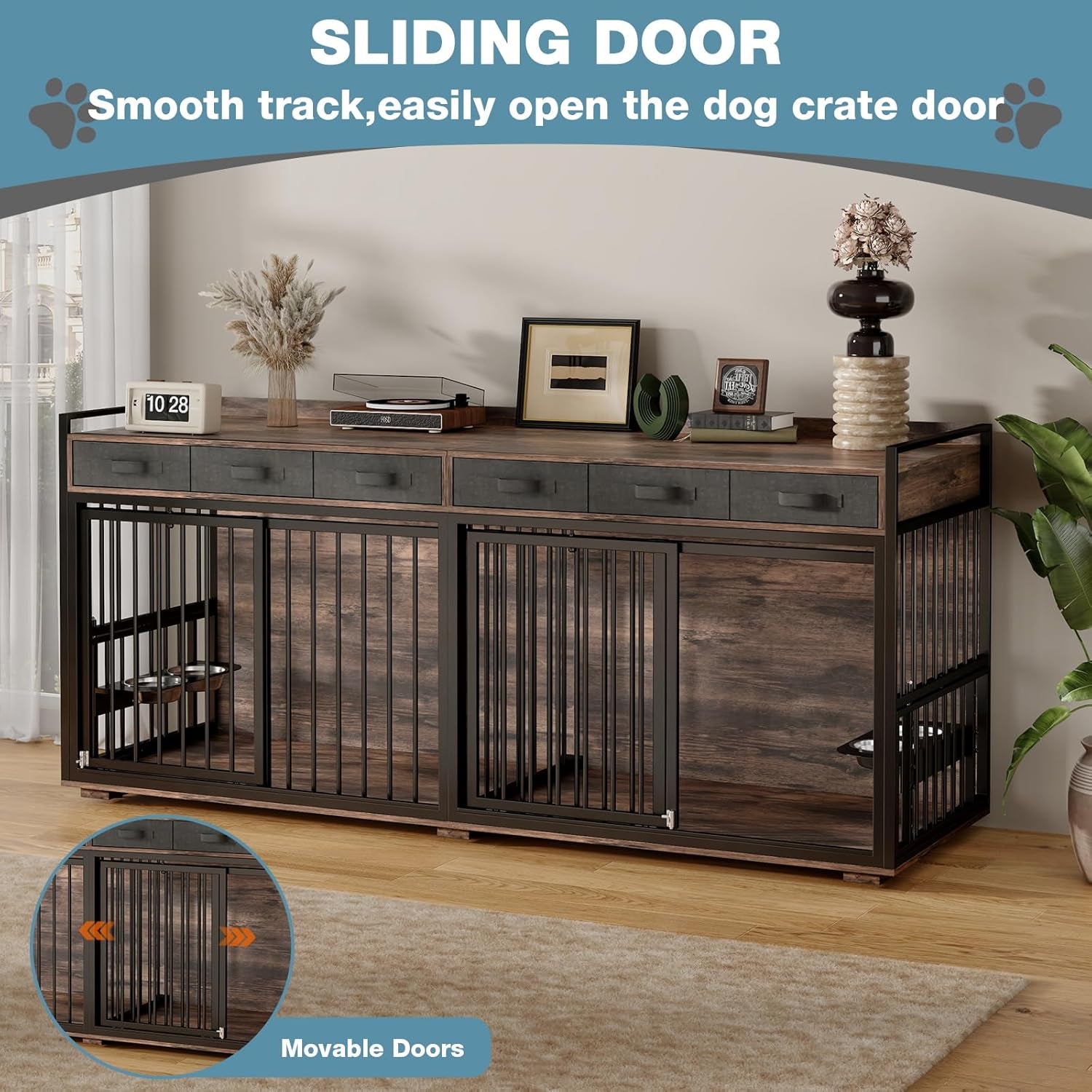 86.6" Large Double Dog Crate Furniture,Heavy Duty Metal Frame Dog Crate Kennel Sliding Doors,Chew-Resistant Dog Kennel for 2 Dogs with Bowls&Divider&Drawers Indoor