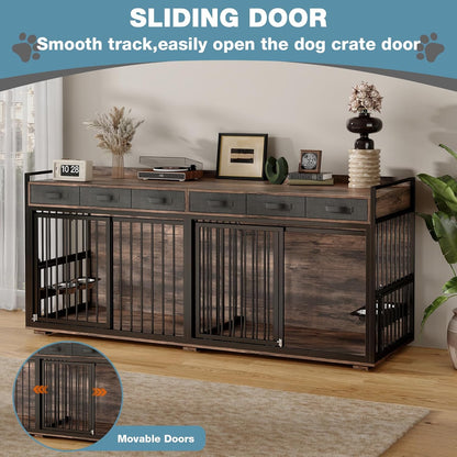 86.6" Large Double Dog Crate Furniture,Heavy Duty Metal Frame Dog Crate Kennel Sliding Doors,Chew-Resistant Dog Kennel for 2 Dogs with Bowls&Divider&Drawers Indoor