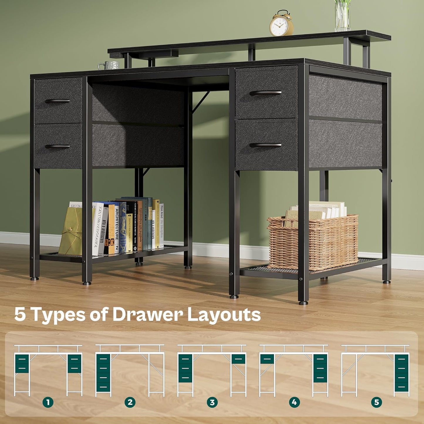 47 Inch Computer Desk with 4 Drawers, Gaming Desk with LED Lights & Power Outlets, Home Office Desk with Large Storage Space for Bedroom, Work from Home, Black