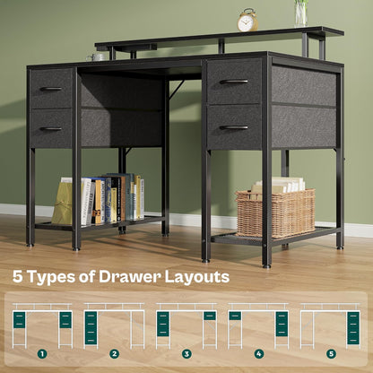 47 Inch Computer Desk with 4 Drawers, Gaming Desk with LED Lights & Power Outlets, Home Office Desk with Large Storage Space for Bedroom, Work from Home, Black