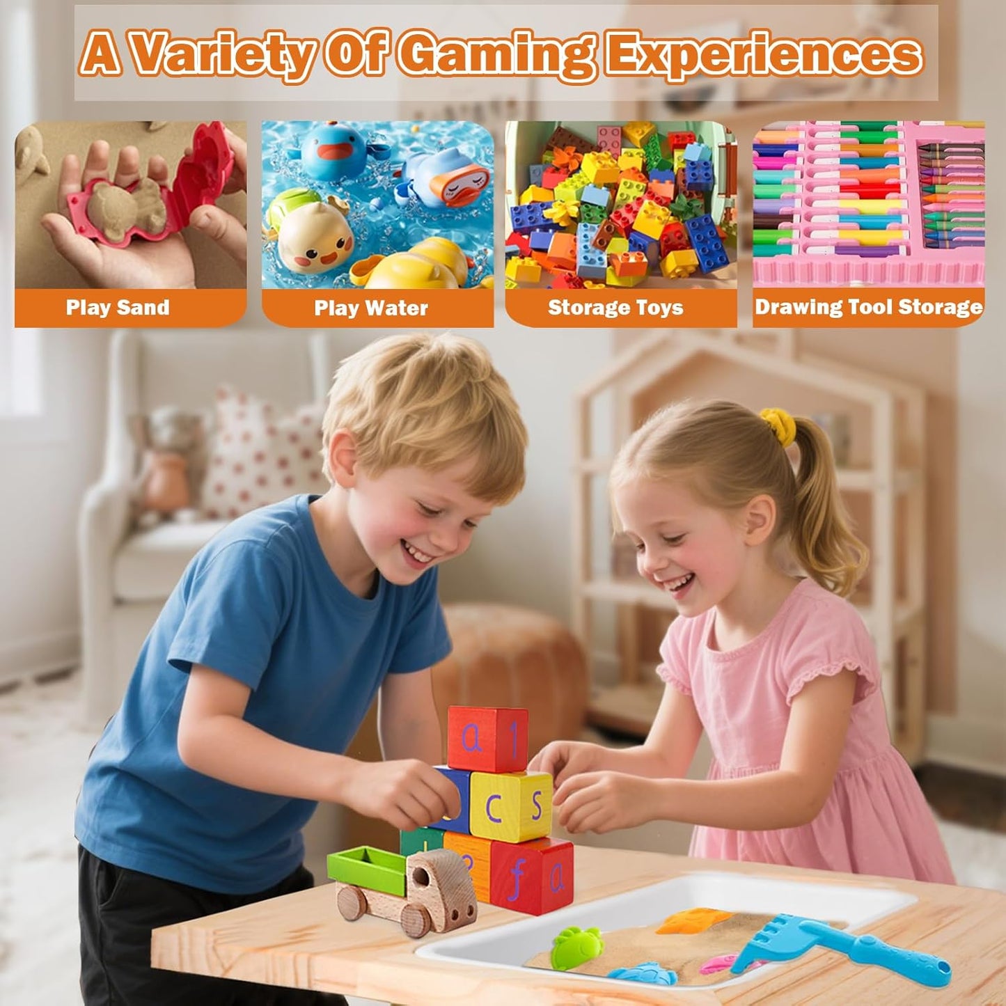 Wooden Sensory Table for Toddlers 1-3, with a Flip-Adjustable Desktop, Kids Table with Storage Bins, a Festive Gift Suitable for Both Boys and Girls