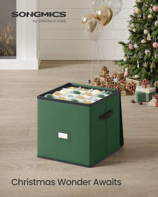 Christmas Ornament Storage Box, Dual Zippers, Stackable Christmas Storage Container with Lid, 4 Trays, 600D Oxford, 3-Inch 64 Slots, Forest Green URFB034C01