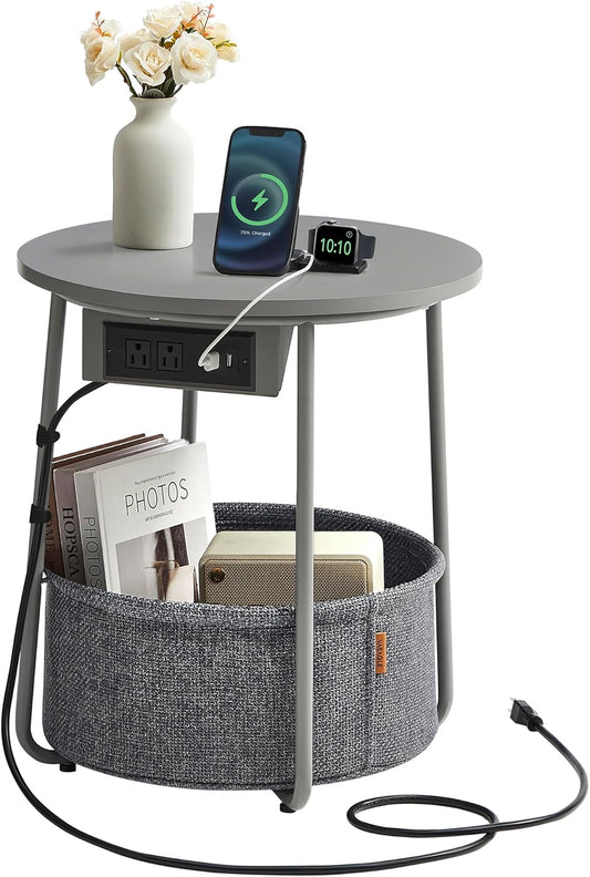 Side Table with Charging Station, round End Table with Fabric Basket, Nightstand with Power Outlets, USB Ports, for Living Room, Bedroom, Modern, Dove Gray and Slate Gray ULET228G01