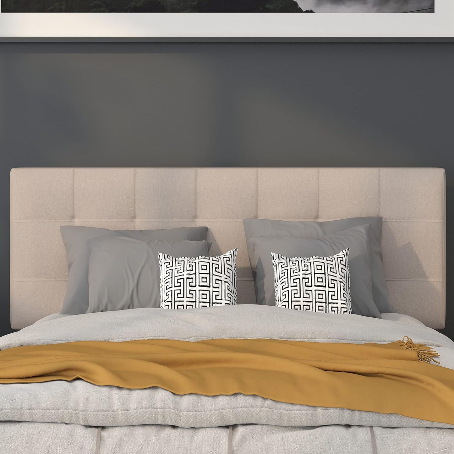 Bedford Box Stitch Tufted Upholstered Full Size Headboard in Beige Fabric