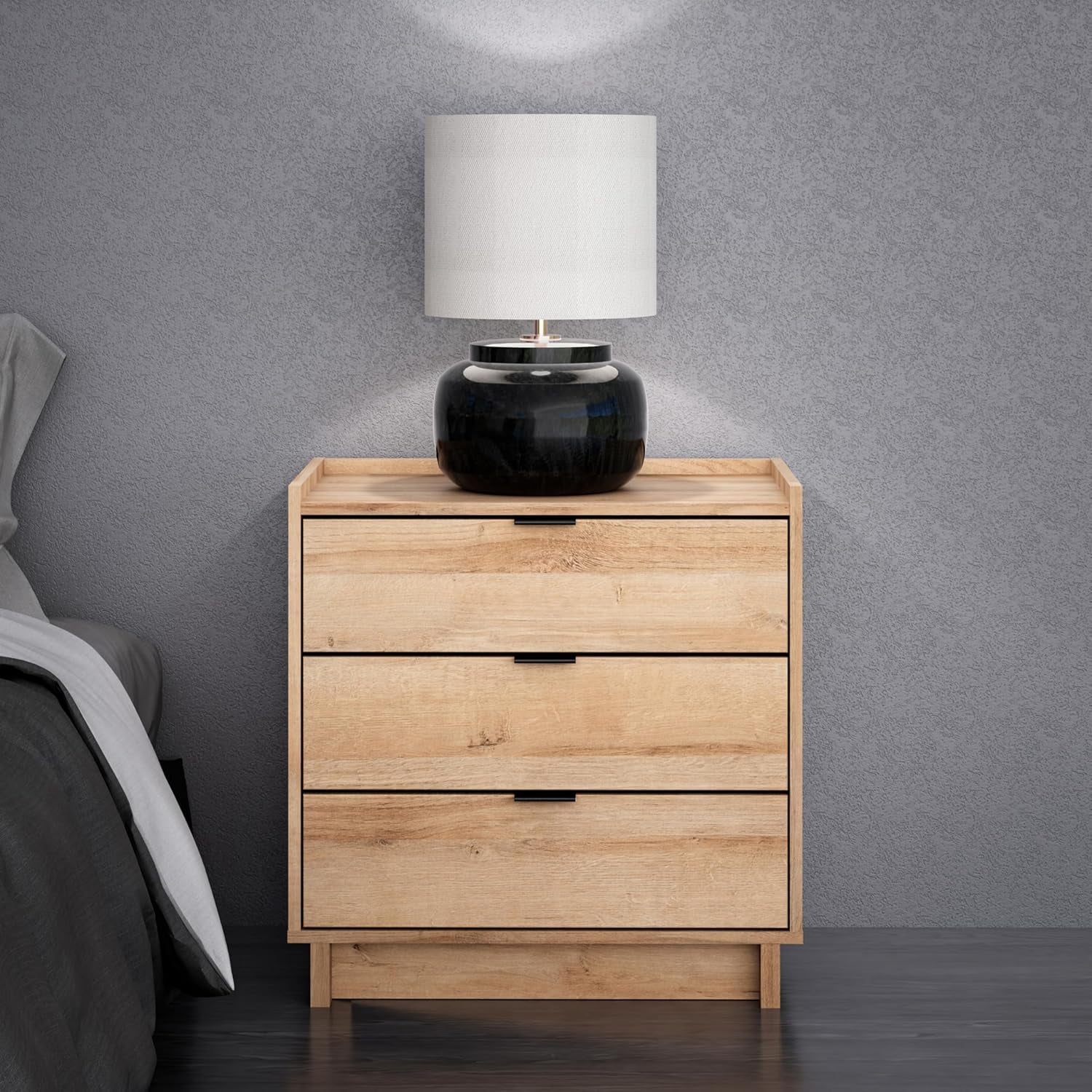 Simply Modern Nightstand Bedside Table, Natural Oak Nightstand for Bedroom, End Table with 3 Drawers 26.5" W X 26.75" H X 16" D