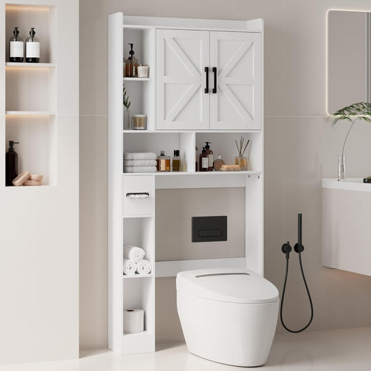 Over the Toilet Storage Cabinet, Tall Bathroom Cabinet Organizer with Adjustable Shelves and Toilet Paper Holder, 32" W Farmhouse Storage Cabinet with 2 Barn Doors for Laundry, Restroom, White