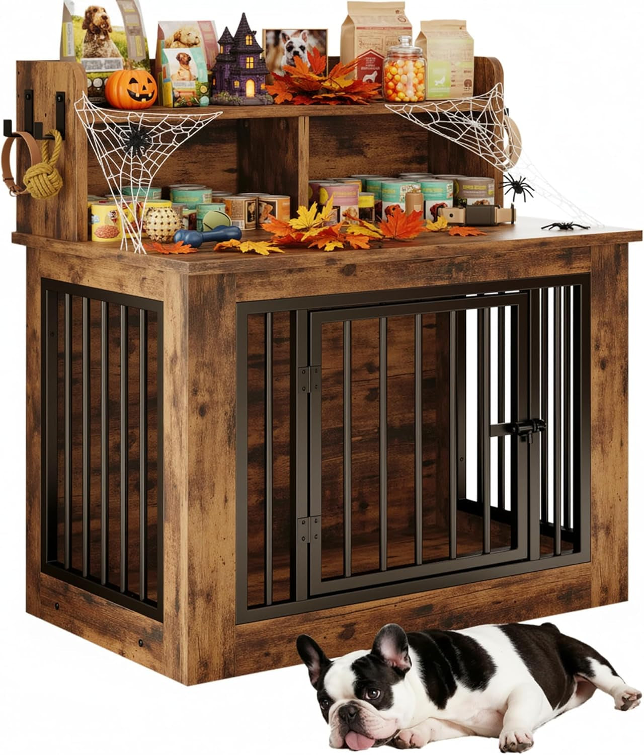 Dog Crate Furniture, 33.4 Inches Wooden Small Dog Crate with Storage and 4 Hooks, Heavy Duty Pet Crate for Small Dog, Decorative Pet Cage for Indoor (22" L X 33.4" W X 37.4" H)