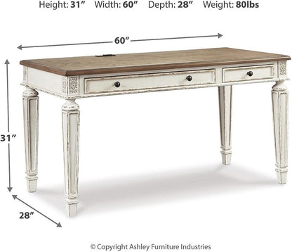 Realyn Farmhouse Home Office Desk, 2 Drawers, Drop-Down Drawer, USB Charging, Wood, 60" W X 28" D X 31" H, Chipped White and Brown