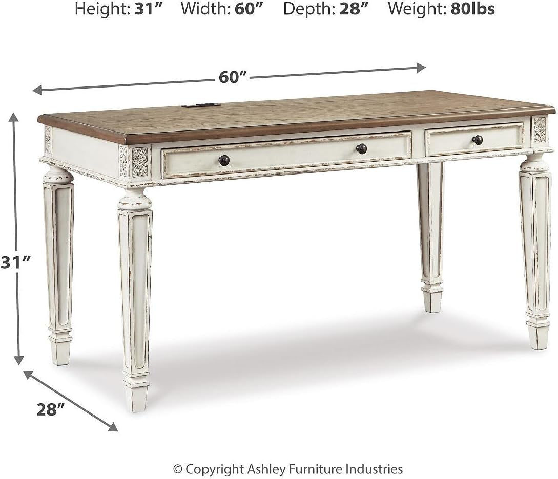 Realyn Cottage L-Shaped Distressed 2-Piece Home Office Desk with Power Supply and USB Ports, White & Light Brown