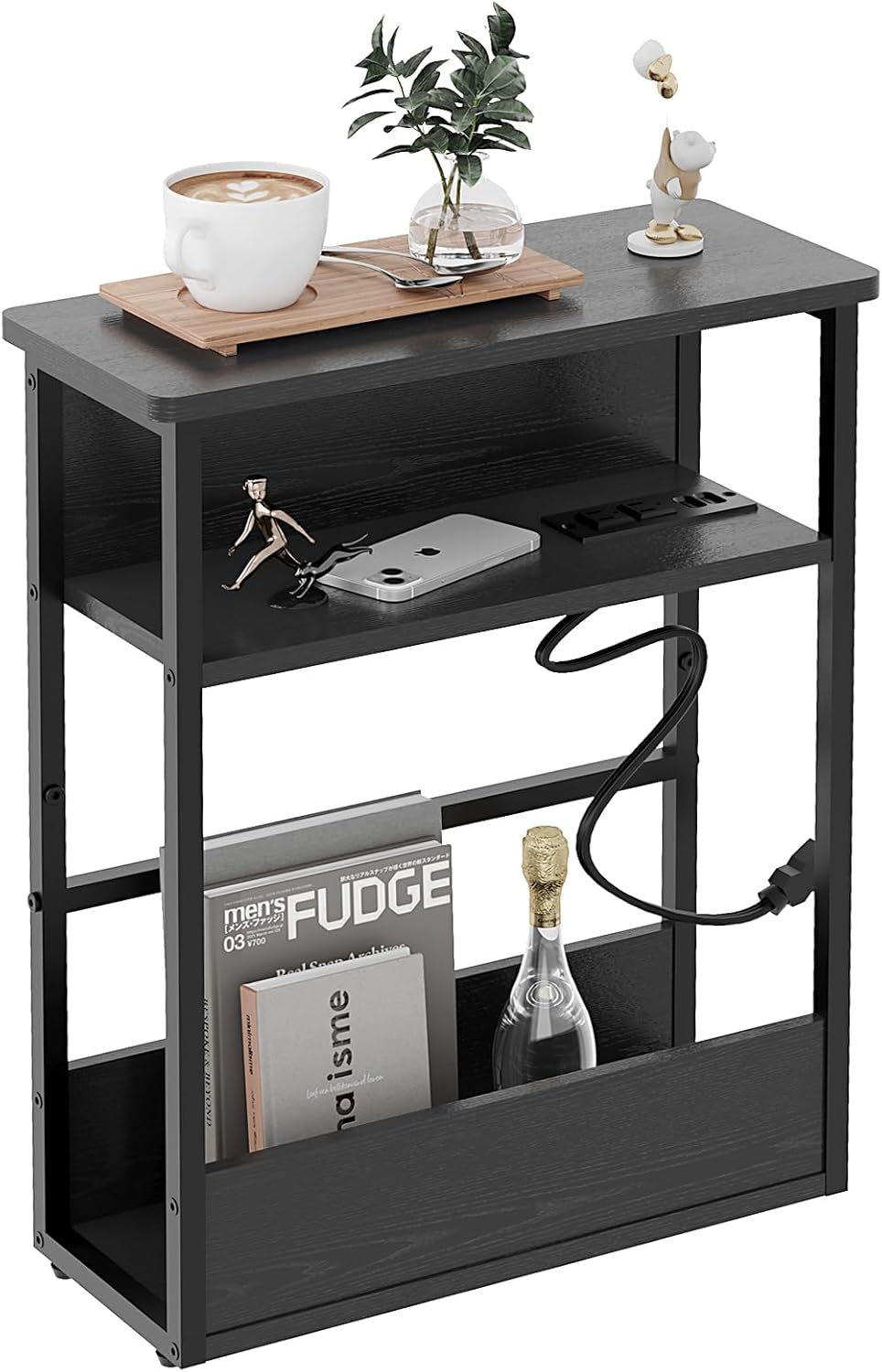Narrow Side Table with Charging Station, 3 Tier Slim End Table for Small Spaces, 23.6 Inch Height Thin Tables with Storage Shelf and Magazine Rack for Living Room, Black