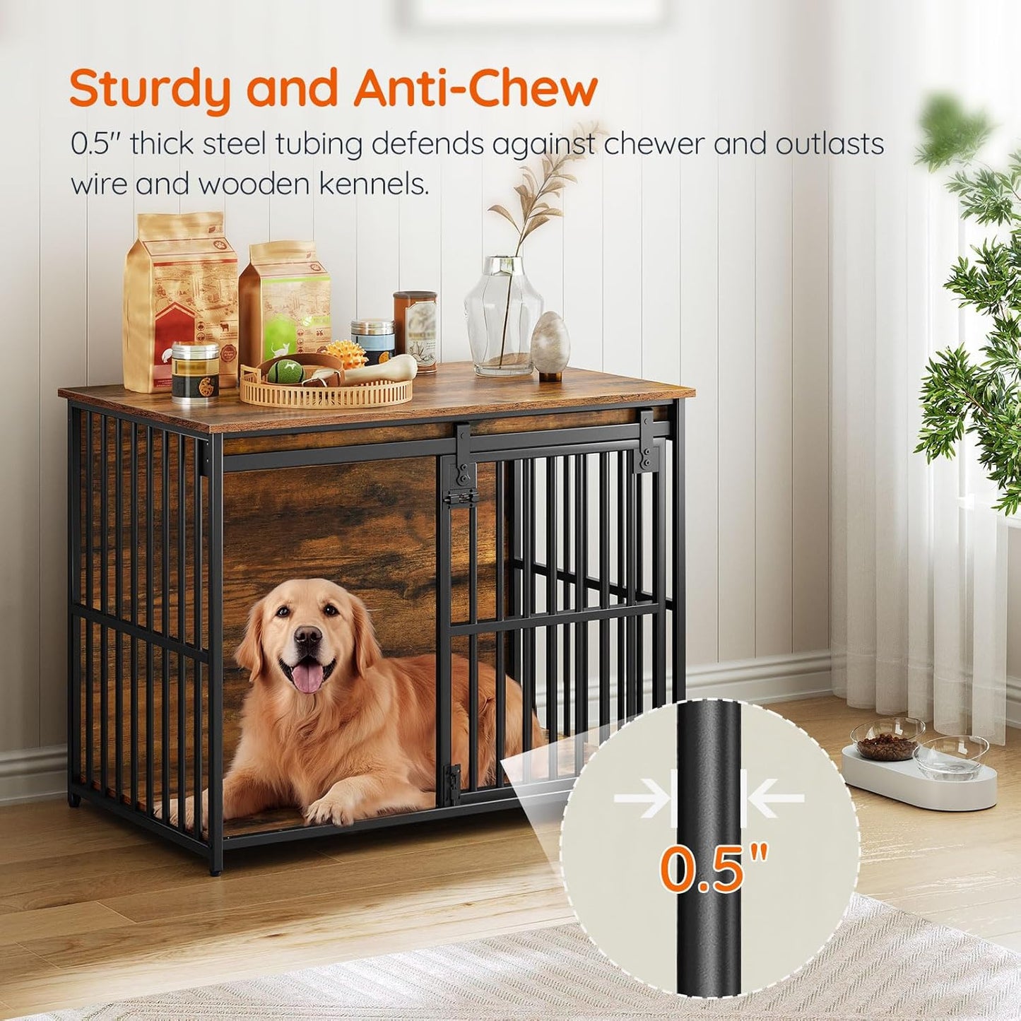 Dog Crate Furniture, 36.6" Heavy Duty Dog Kennel with Sliding Barn Door, Wooden Dog Cage Indoor, Decorative Side End Table for Small/Medium Dogs, Rustic Brown and Black FG162GW03G1