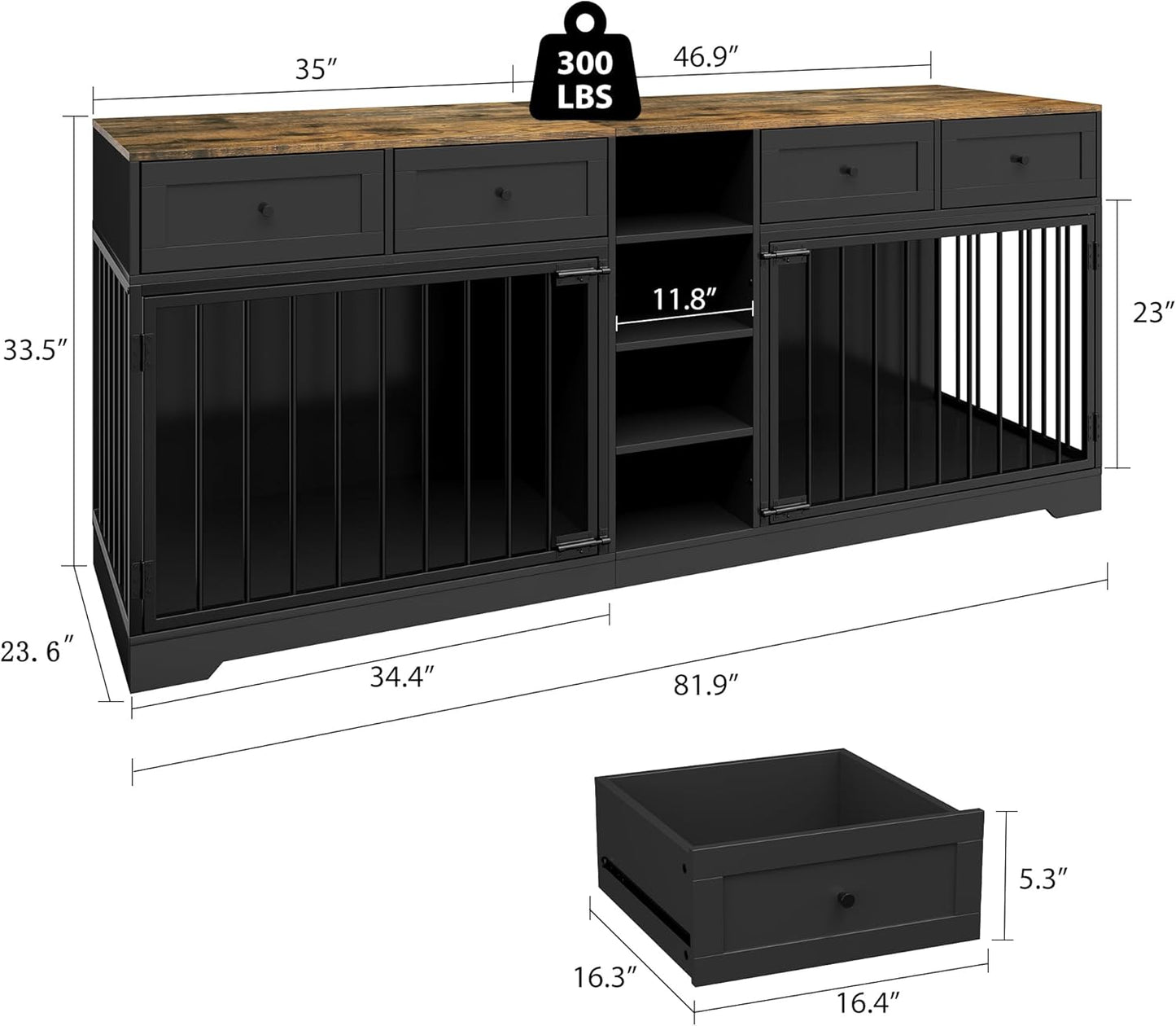 82” Large Dog Crate for 2 Dogs, Dog Kennel Indoor with 4 Drawers and Shelves, Double Dog Crate Furniture TV Stand, Wooden Dog Cage for Medium Large Dogs, Black
