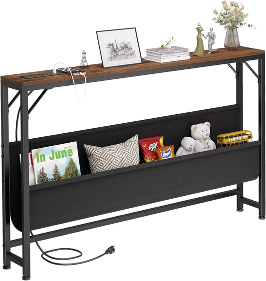 47.2'' Skinny Console Table with Charging Station and Storage, Narrow Sofa Table with Power Outlets and USB Ports, behind Couch Table, for Living Room, Foyer, Entryway, Hallway, Rustic Brown
