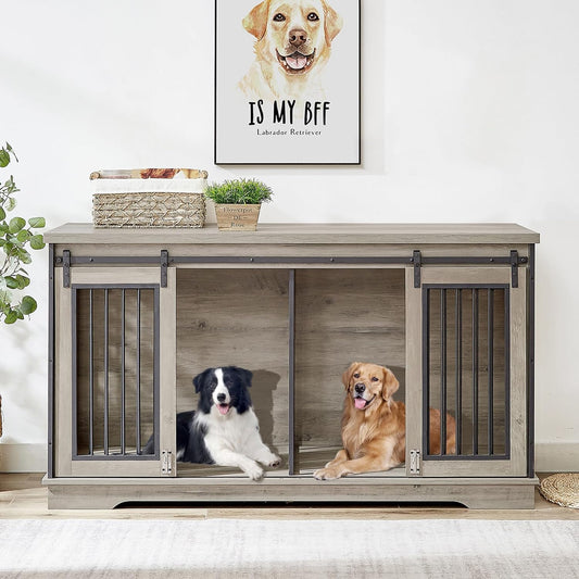75'' Double Dog Crate Furniture for 2 Large Dogs, Heavy Duty Furniture Style Dog Crates End Table, Wood Crates for Dogs Kennel Indoor with Double Door, Grey