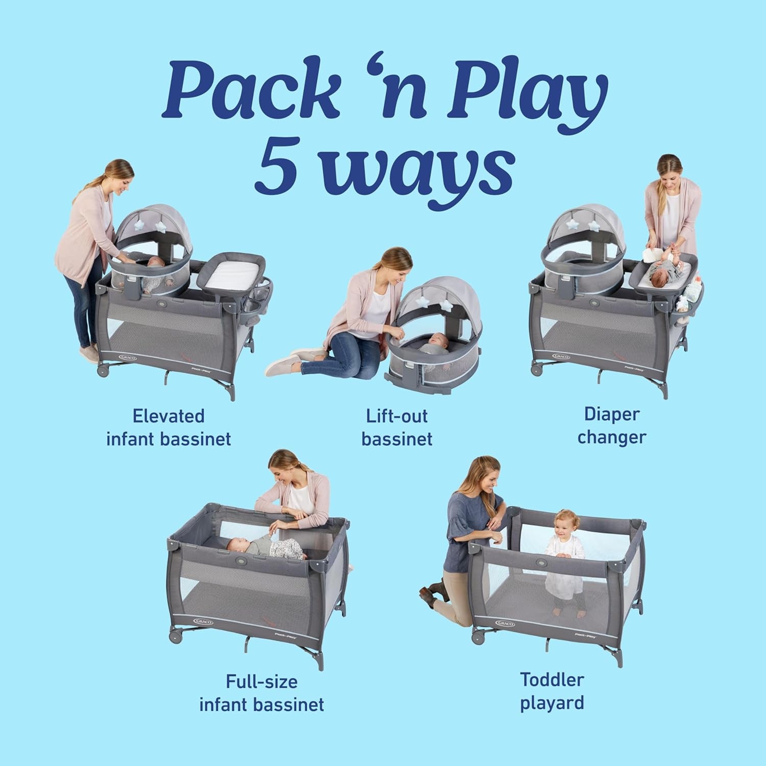 Graco® Pack ’N Play Travel Dome LX Playard – Raised Portable Bassinet, UV‑50 Canopy, Changer & Storage, Annie