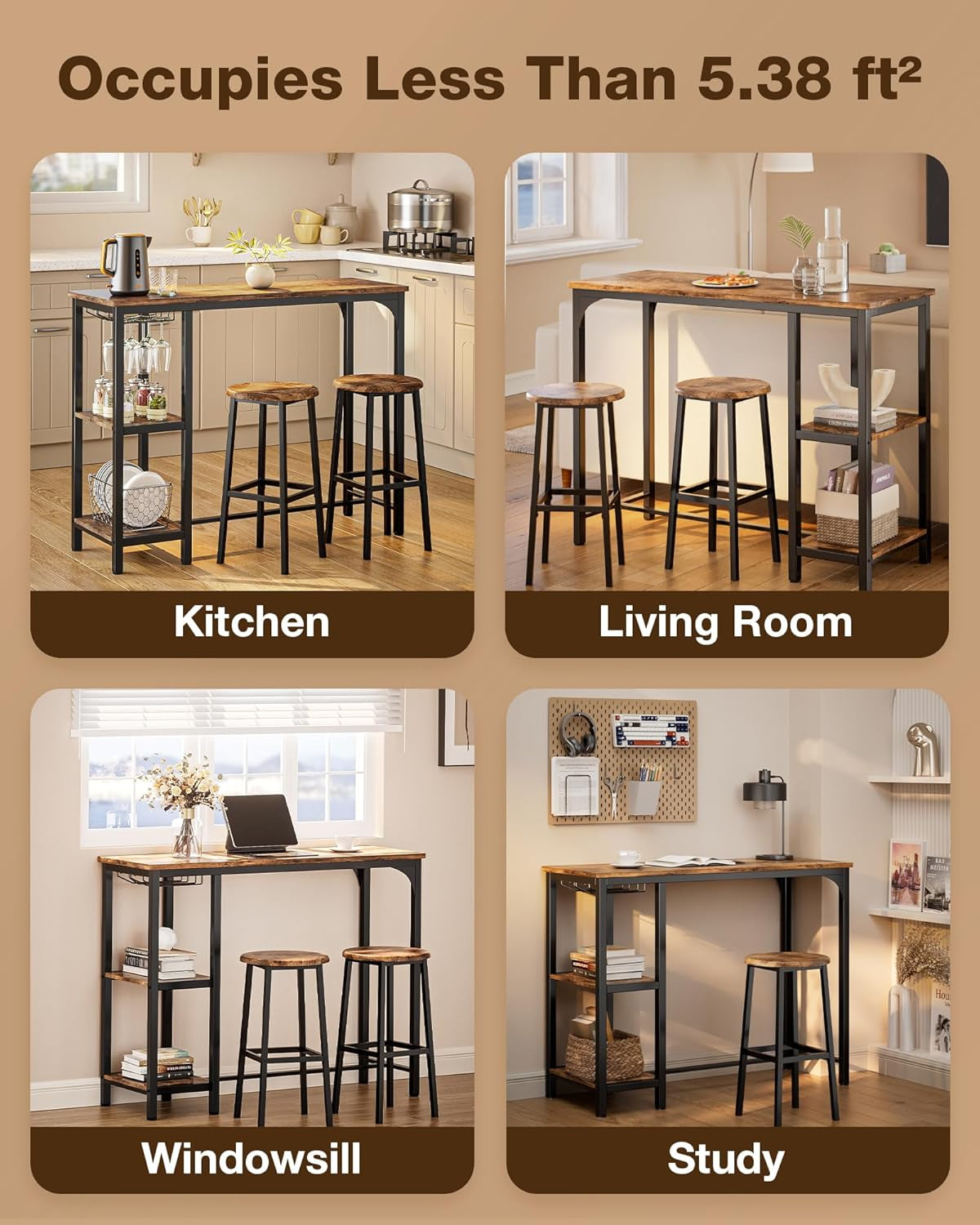 3-Piece Bar Table Set for 2, Bar Height Table with Stools & 2 Storage Shelves, Small Bar Table Set with Glass Rack, Small Kitchen Table for Dining Room, Living Room, Rustic Brown