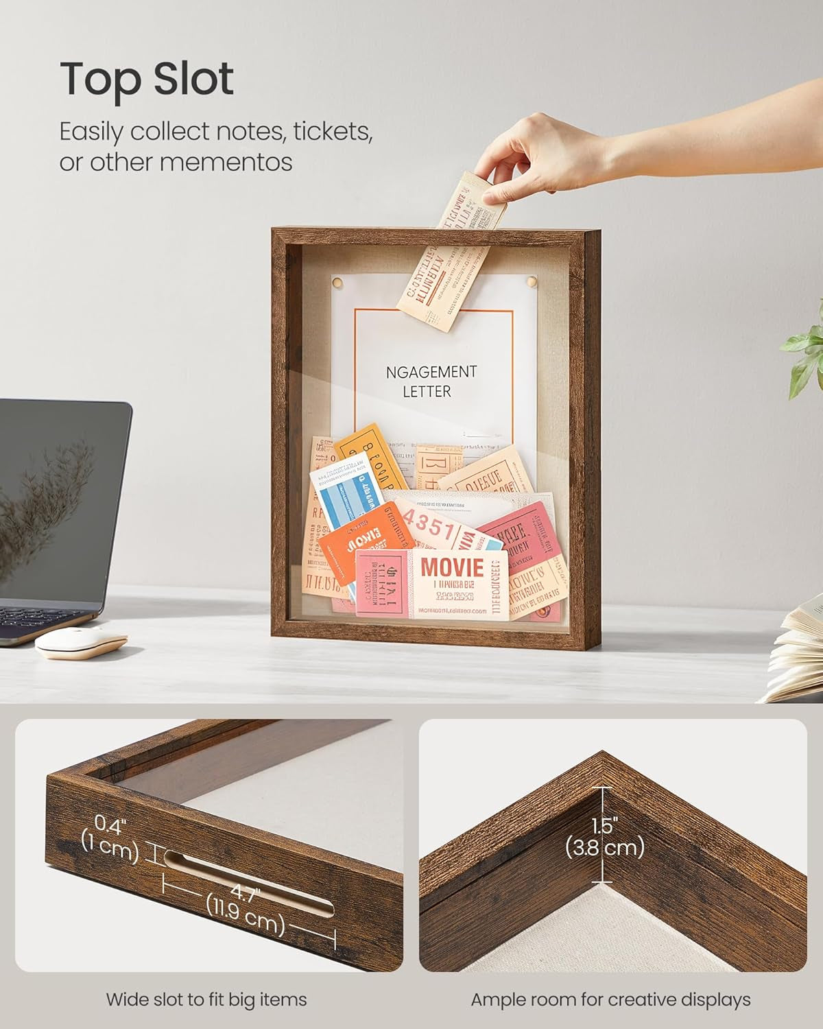 11X14 Shadow Box Frame, Deep Box Frame with Top Slot and Push Pins, Picture Display Case, Linen Fabric Backing for DIY Craft, Glass Front, Gift Idea, Rustic Brown URPF009KD01
