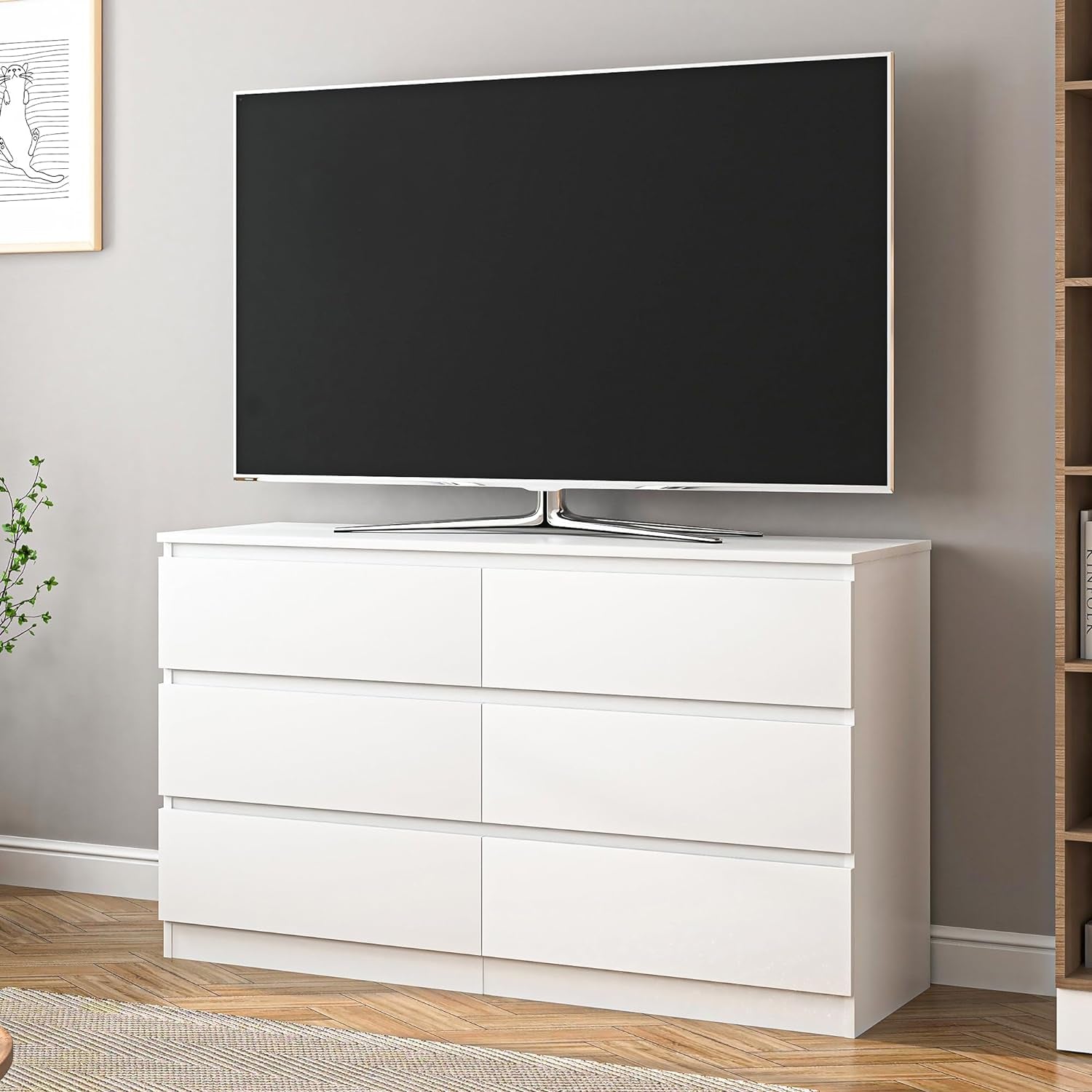 White Dresser 6 Drawer, Modern Double Dresser for Bedroom, Wood Chest of Drawers with Wide Storage for Living Room