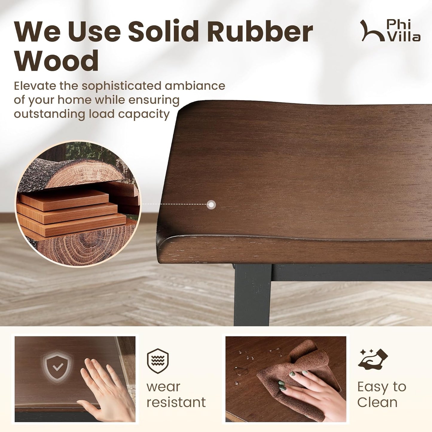 Dining Table Set for 4, Counter Height Dining Table Set with Bench and 2 Chairs, Wooden Kitchen Table Set,Rustic Farmhouse Dinning Table Set, Smoky Brown