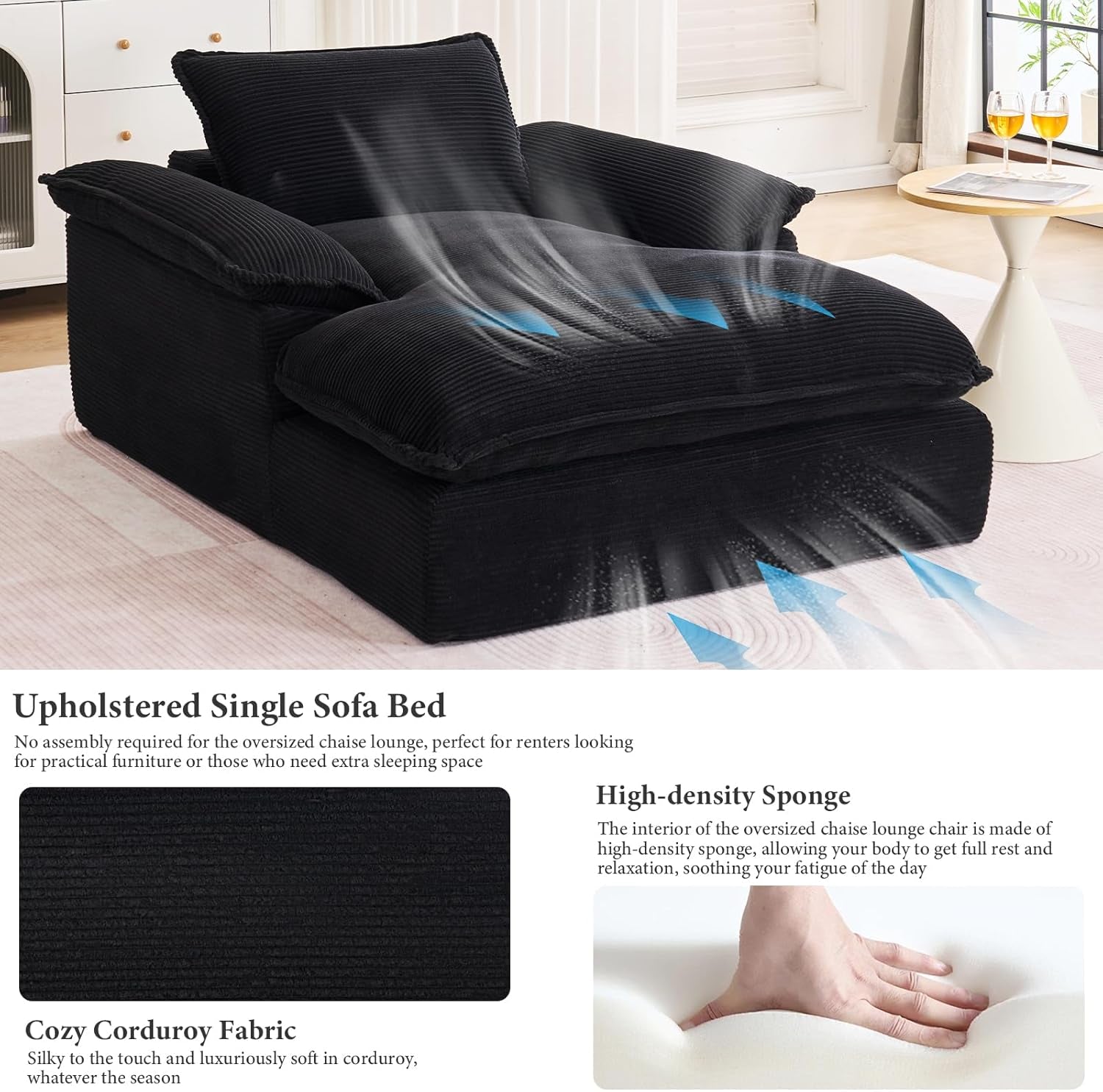Oversized Chaise Lounge Chair Indoor, 67" Boneless Chaise Lounge with Extra Deep Seat, Comfy Corduroy Upholstered Sleeper Sofa Bed, Cozy Fluffy Single Sofa Armchair for Living Room, Black