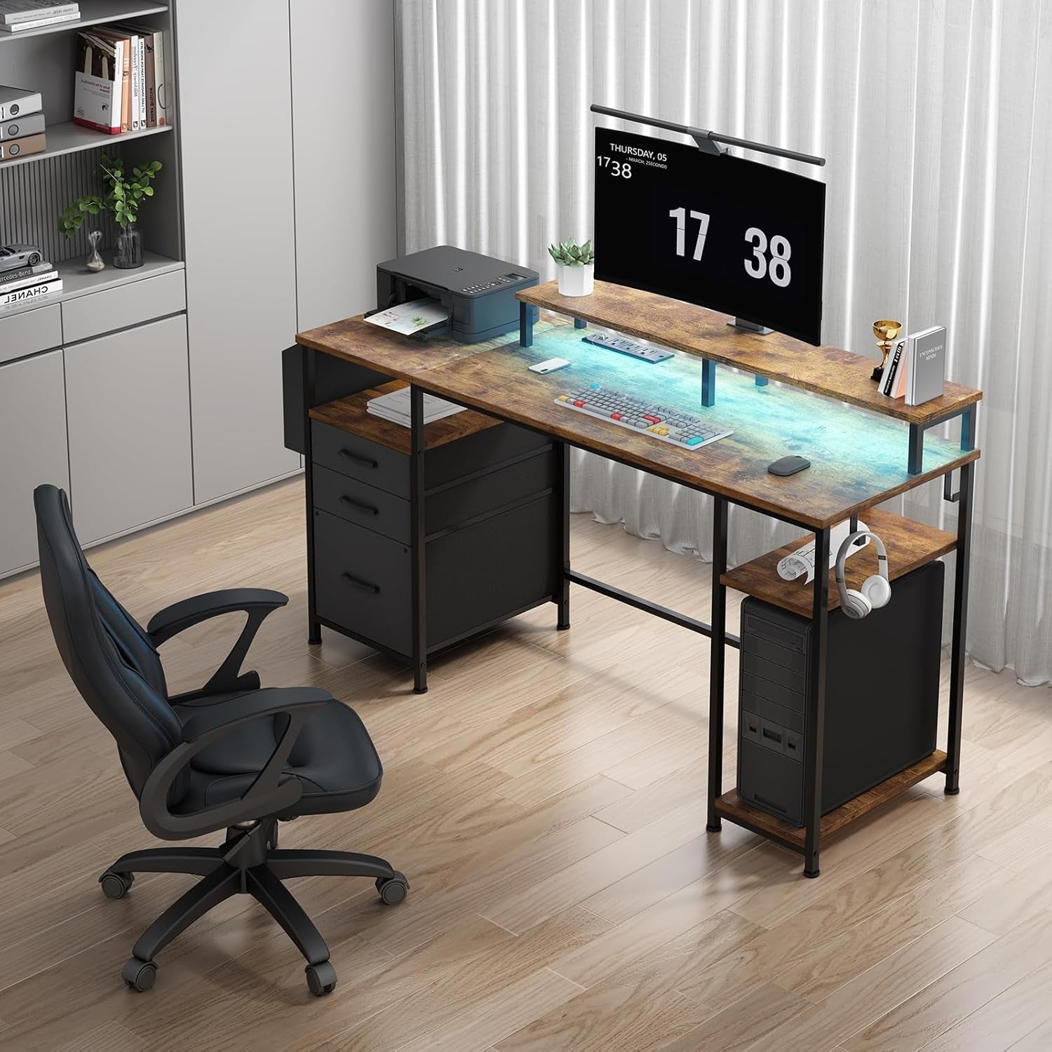 Gaming Desks with Led Lights and Power Outlets, 55 Inch Study Writing Computer Desk with Fabric File Drawers Cabinet for Bedroom, Home Office Desk with Shelves Monitor Stand, Rustic Brown