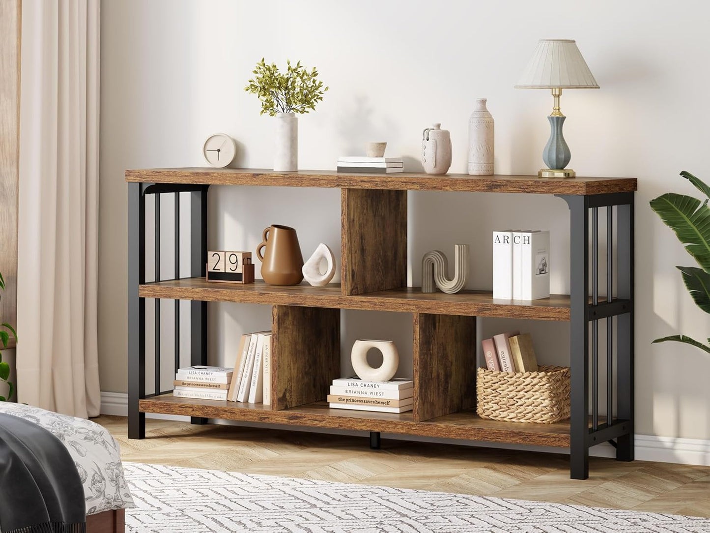 Farmhouse 3 Tier Open Book Shelf, Wood and Metal 5 Cube Storage Organizer, Modern Low Horizontal Bookshelf for Bedroom Living, Long Wide Office Cubby Bookcase with Storage, Rustic Brown, 47 Inch