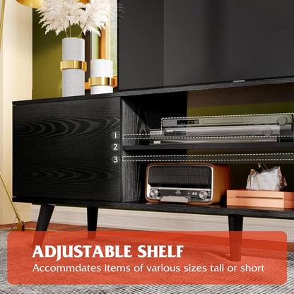 Mid-Century Modern TV Stand for 55 60 65 Inch TV, Entertainment Center with Storage & Adjustable Shelves, Media TV Console with Soft-Close Cabinets for Living Room Bedroom, Black