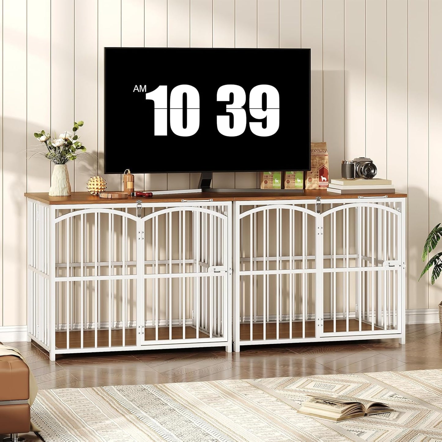 Foldable Dog Crate Furniture, 31.5" Indoor Dog Kennel No Assembly, Wooden Dog Cage Decorative Side End Table, for Medium Small Dogs, White and Walnut WH86GW03