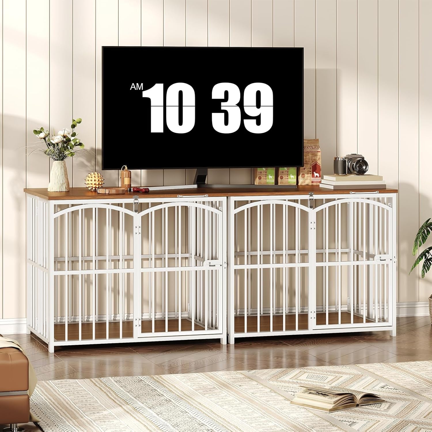 Foldable Dog Crate Furniture, 31.5" Indoor Dog Kennel No Assembly, Wooden Dog Cage Decorative Side End Table, for Medium Small Dogs, White and Walnut WH86GW03