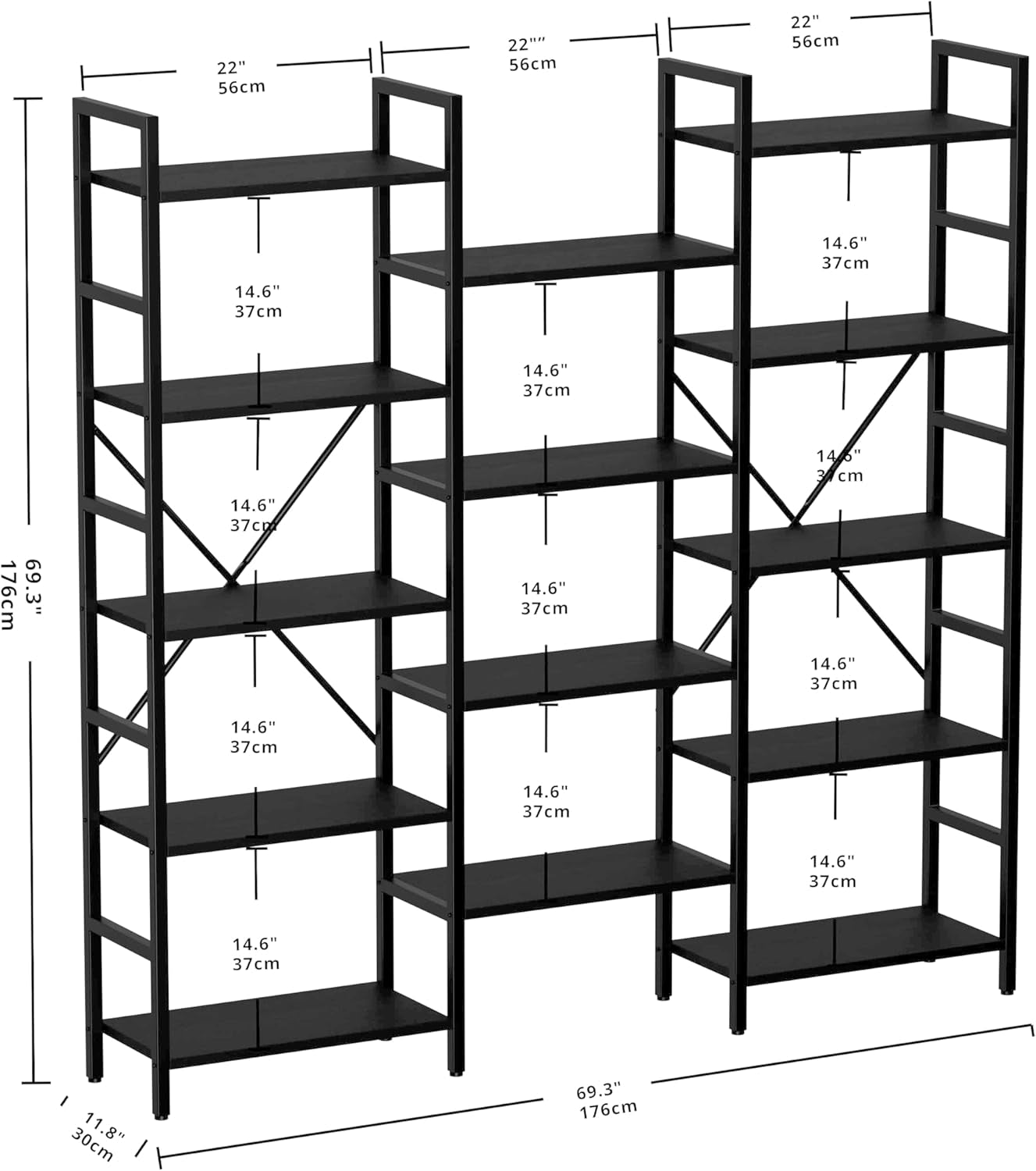 Bookcases and Bookshelves Triple Wide 5 Tiers Industrial Bookshelf, Large Etagere Bookshelf Open Display Shelves with Metal Frame for Living Room Bedroom Home Office