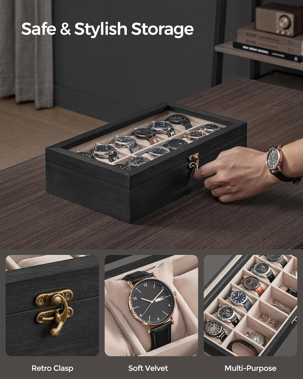 Watch Boxes Bundle, 12-Slot Watch Cases, Solid Wood Watch Box Organizers with Glass Lid, Removable Pillows, Gift for Loved Ones, Ebony Black and Rustic Walnut UJOW120B01 and UJOW120K01