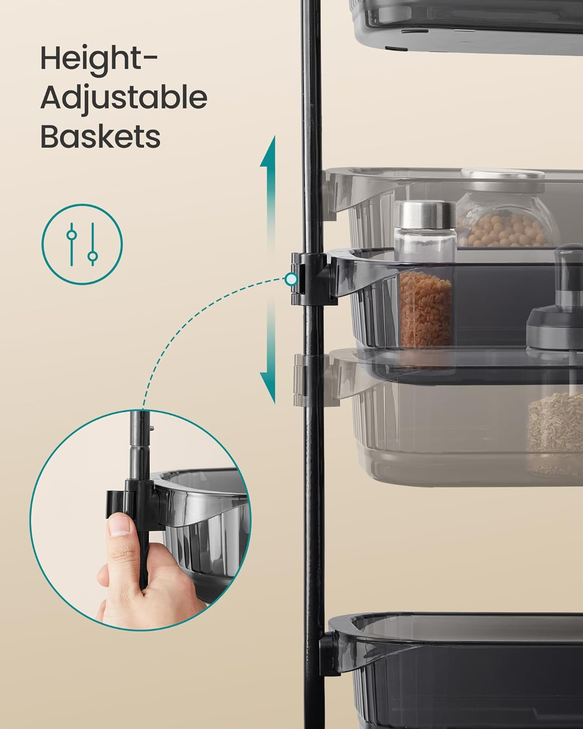 over the Door Pantry Organizer, 6-Tier Kitchen Pantry Door Organizer with Adjustable Tall Baskets, Hanging Spice Rack, for Bedroom Bathroom Laundry Room, Transparent Black UKCS046BH01