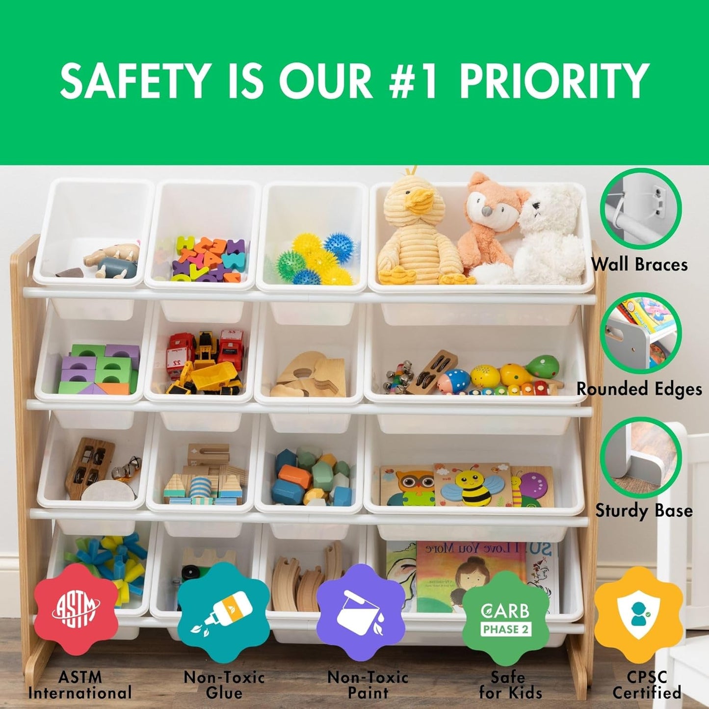 Supersized Toy Storage Organizer with 16 Removable Bins, Natural/White – Large Toy Storage for Toddlers Ideal for Kids' Rooms, Playrooms, and Nurseries - Modern Toy Bins for Kids