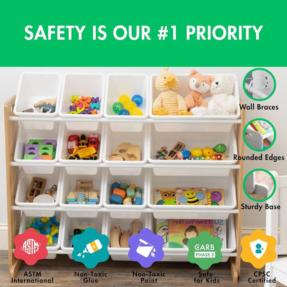 Supersized Toy Storage Organizer with 16 Removable Bins, Natural/White – Large Toy Storage for Toddlers Ideal for Kids' Rooms, Playrooms, and Nurseries - Modern Toy Bins for Kids
