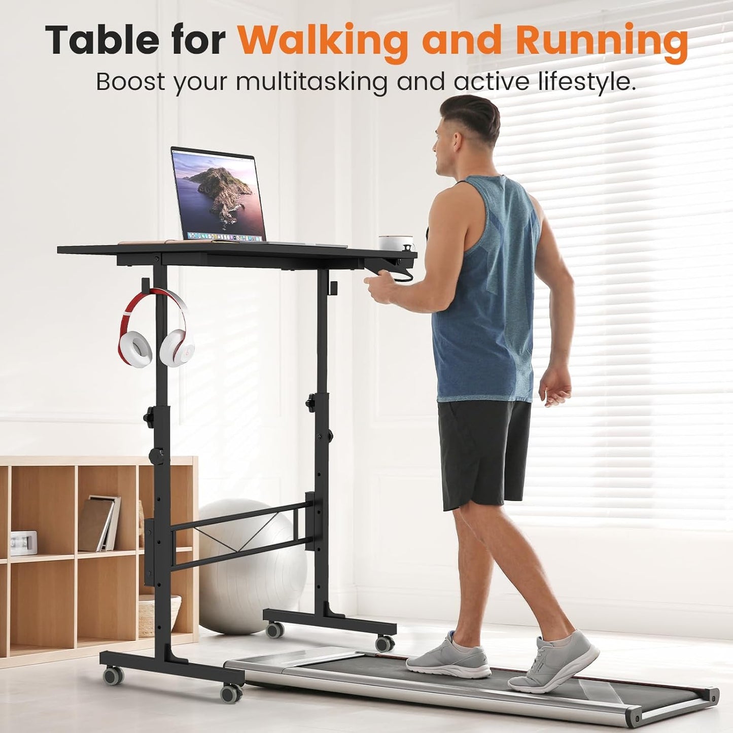 Small Standing Desk Adjustable Height, Mobile Stand up Desk with Wheels, Portable Walking Pad Table Stand, Rolling Laptop Cart for Standing or Sitting, Black