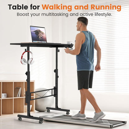 Small Standing Desk Adjustable Height, Mobile Stand up Desk with Wheels, Portable Walking Pad Table Stand, Rolling Laptop Cart for Standing or Sitting, Black